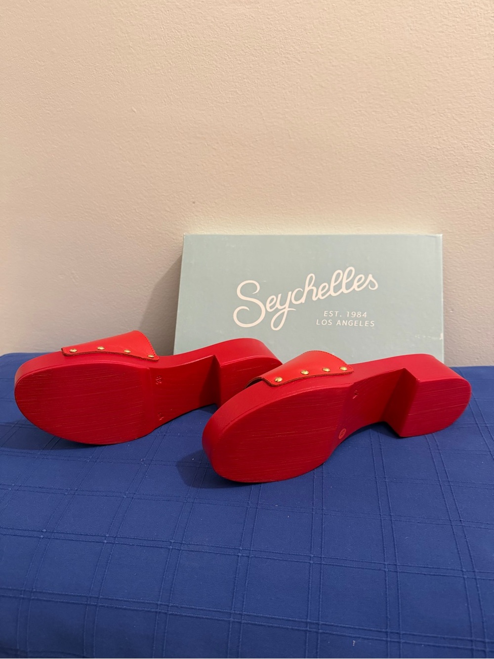 Seychelles Red Platform Slide Mules with Gold Studs - Picture 3 of 3